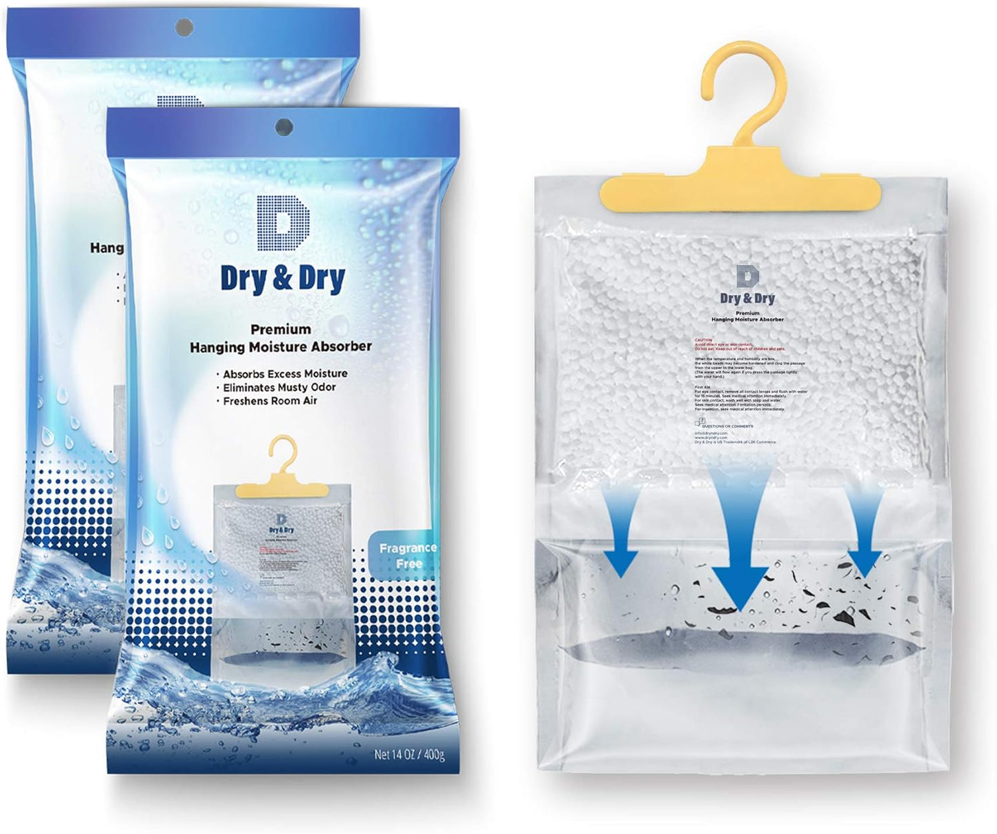Dry & Dry 2 Packs [Net 14 Oz/Pack] Premium Hanging Moisture Absorber to Control Excess Moisture for Basements, Closets, Bathrooms, Laundry Rooms. - Ultra Strong Moisture Absorber