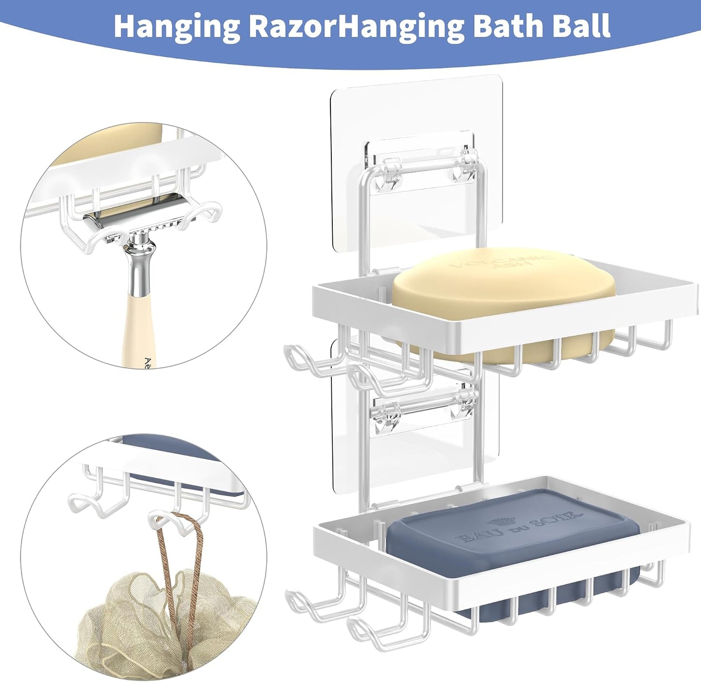 Moforoco Double Soap Bar Holder for Shower, No Drilling, 304 Stainless Steel, Wall Mounted Soap Holder with 4 Hooks and Razor Holder, Shower Rack Soap Tray Bar Soap for Bathroom Accessories Organizer