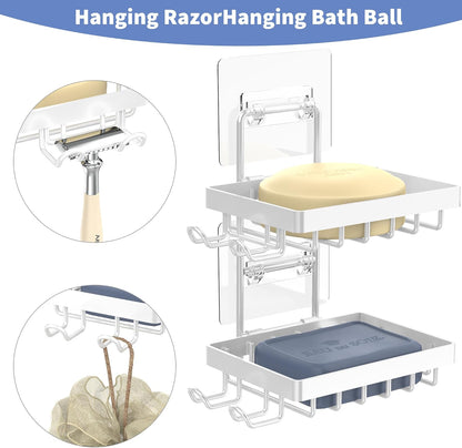 Moforoco Double Soap Bar Holder for Shower, No Drilling, 304 Stainless Steel, Wall Mounted Soap Holder with 4 Hooks and Razor Holder, Shower Rack Soap Tray Bar Soap for Bathroom Accessories Organizer