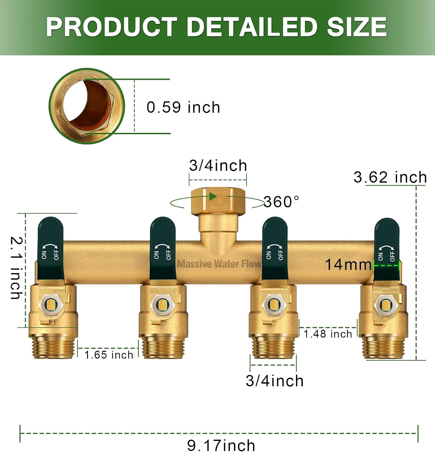 4 Way Hose Splitter, Heavy Duty Full Flow Garden Water Hose Bib Spigot Splitter, Brass Rust and Freeze Resistant Outdoor Faucet Splitter, T Adapter Connector with 3/4 - Inch GHT Thread （Black）