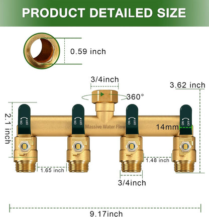 4 Way Hose Splitter, Heavy Duty Full Flow Garden Water Hose Bib Spigot Splitter, Brass Rust and Freeze Resistant Outdoor Faucet Splitter, T Adapter Connector with 3/4 - Inch GHT Thread （Black）