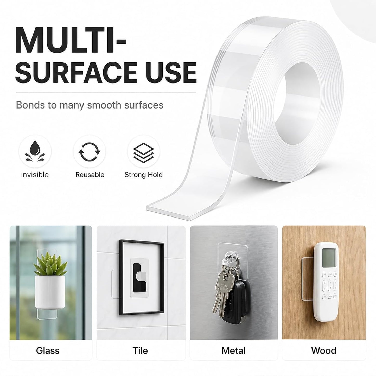 Double Sided Nano Tape, Clear, Removable, No Residue, Reusable, 300cm/9.85 Ft Roll, for Wall Hanging, Posters, Carpet, Home Decoration 4pack