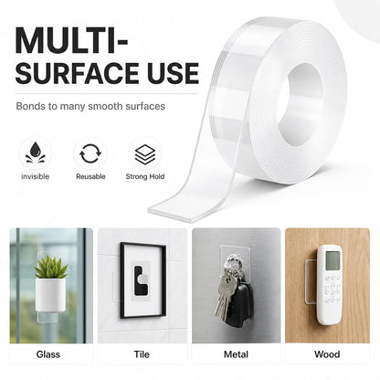 Double Sided Nano Tape, Clear, Removable, No Residue, Reusable, 300cm/9.85 Ft Roll, for Wall Hanging, Posters, Carpet, Home Decoration 4pack