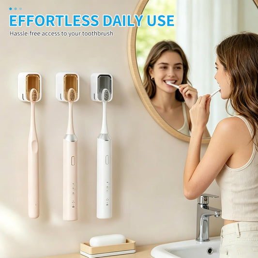 Toothbrush Holders for Bathroom 2 Pack, Drill-Free Wall Mount Single Slot with Dustproof Cover, Easy-Clean Organizer for Shower, Apartment & Travel (Gray & Brown)