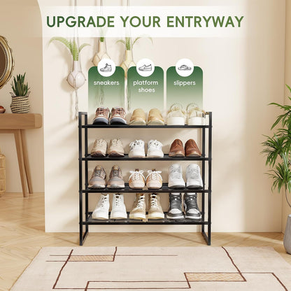 5-Tier Wide Shoe Rack, Metal Shoe Organizer for Closet, Stackable Freestanding Shoe Storage Shelf with Sturdy Wire Grid, Large Capacity Durable Shoe Rack for Entryway Bedroom, Black