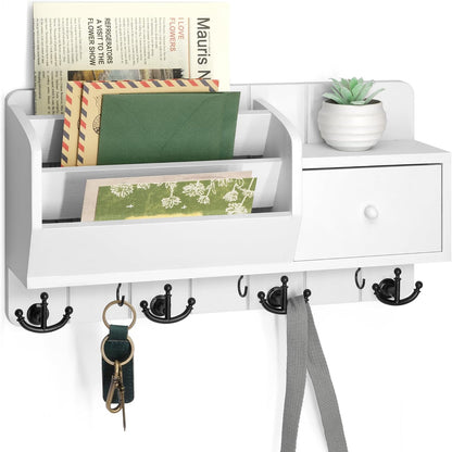 Rebee Vision Key and Mail Holder Wall Mount - Mail Organizer Wall Mount with Storage Hooks and Drawer for Modern Farmhouse Decor - Mail Organizer Wall Mounted for Rustic Apartment Essentials (Brown)