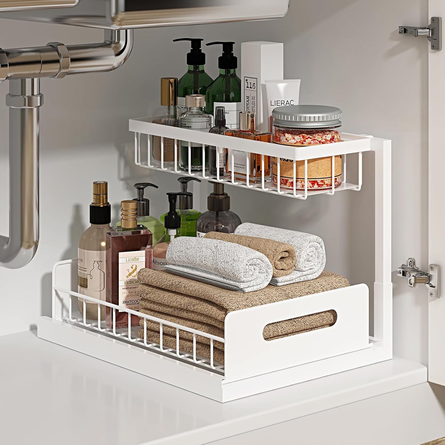 REALINN Under Sink Organizer, Pull Out Cabinet Organizer, 2 Tier Metal Slide Out Shelf with L Shaped Design for Kitchen, Bathroom, Laundry, and Utility Cabinet Storage for Deep Cabinets, White, 2 Pack
