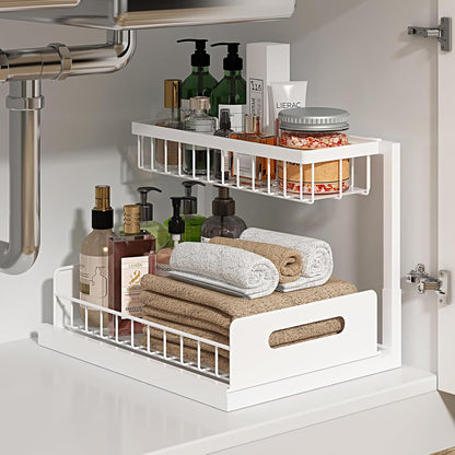 REALINN Under Sink Organizer, Pull Out Cabinet Organizer, 2 Tier Metal Slide Out Shelf with L Shaped Design for Kitchen, Bathroom, Laundry, and Utility Cabinet Storage for Deep Cabinets, White, 2 Pack