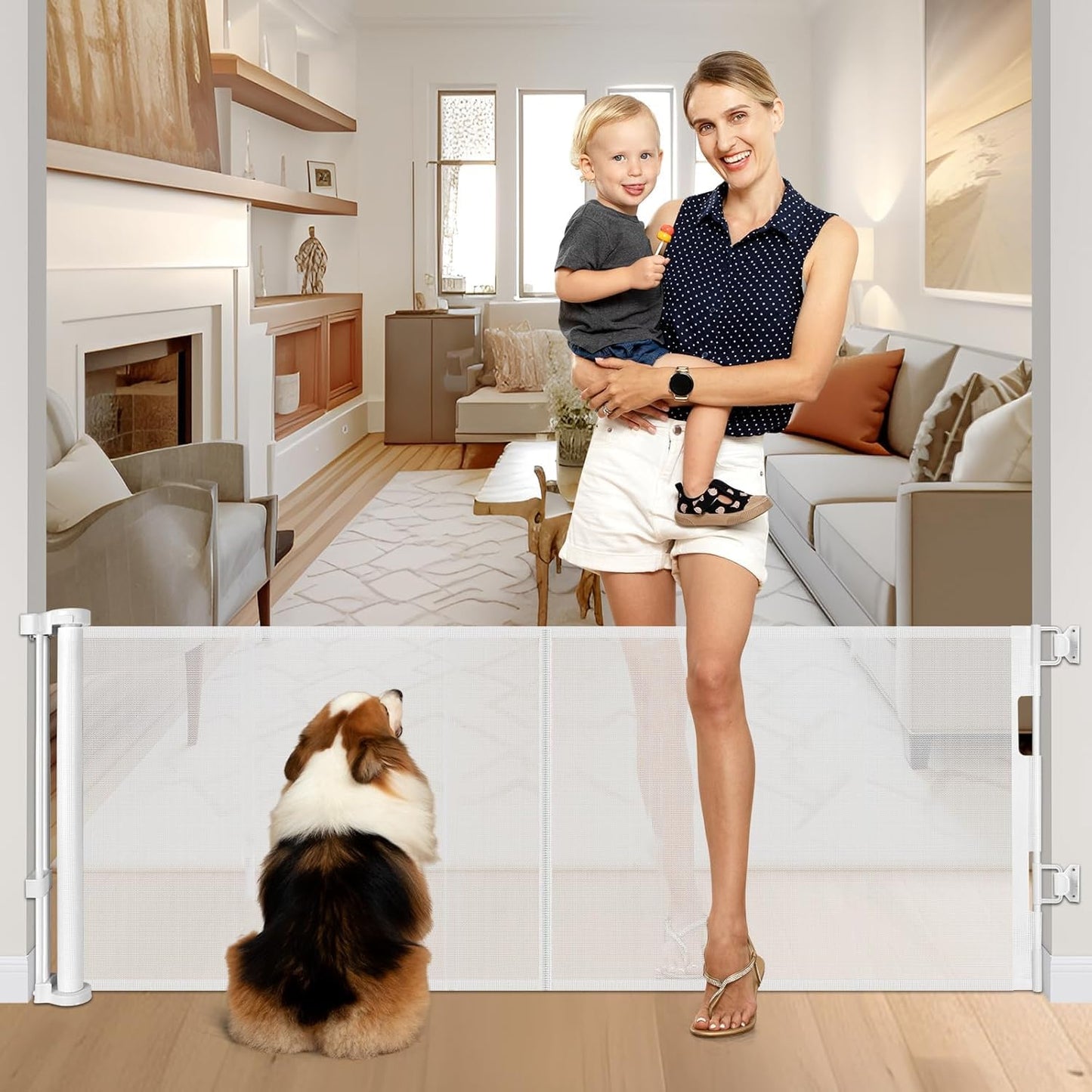 Reinforced 28-Inch Tall Retractable Baby Gates for Doorways, Walk Through Pet Gate for Stairs, Short Baby Gate with Support Rods, 55 Inch Wide Mesh Gate Retractable Gate Small Dog Gate, Gray