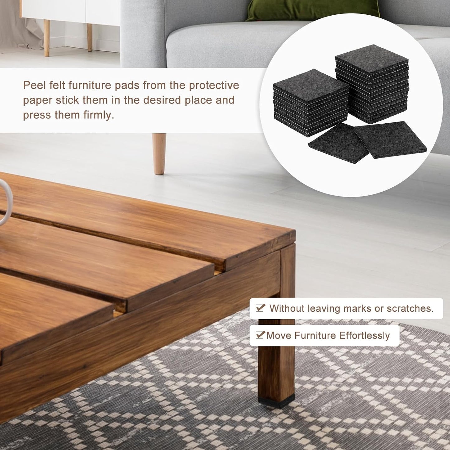 uxcell Furniture Pads, 24Pcs 1.5" - Square Self Adhesive Felt Furniture Pads, Floor Protectors for Furniture Feet Chairs Legs Hardwood Floors (Black)