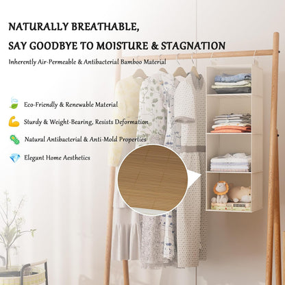 Hanging Shoe Organizer for Closet with 8 Shelves,Mesh Pockets-Wider Hanging Shelves for Shoes,Clothes,Hats with Sturdy Bamboo-Supported Design (Beige)