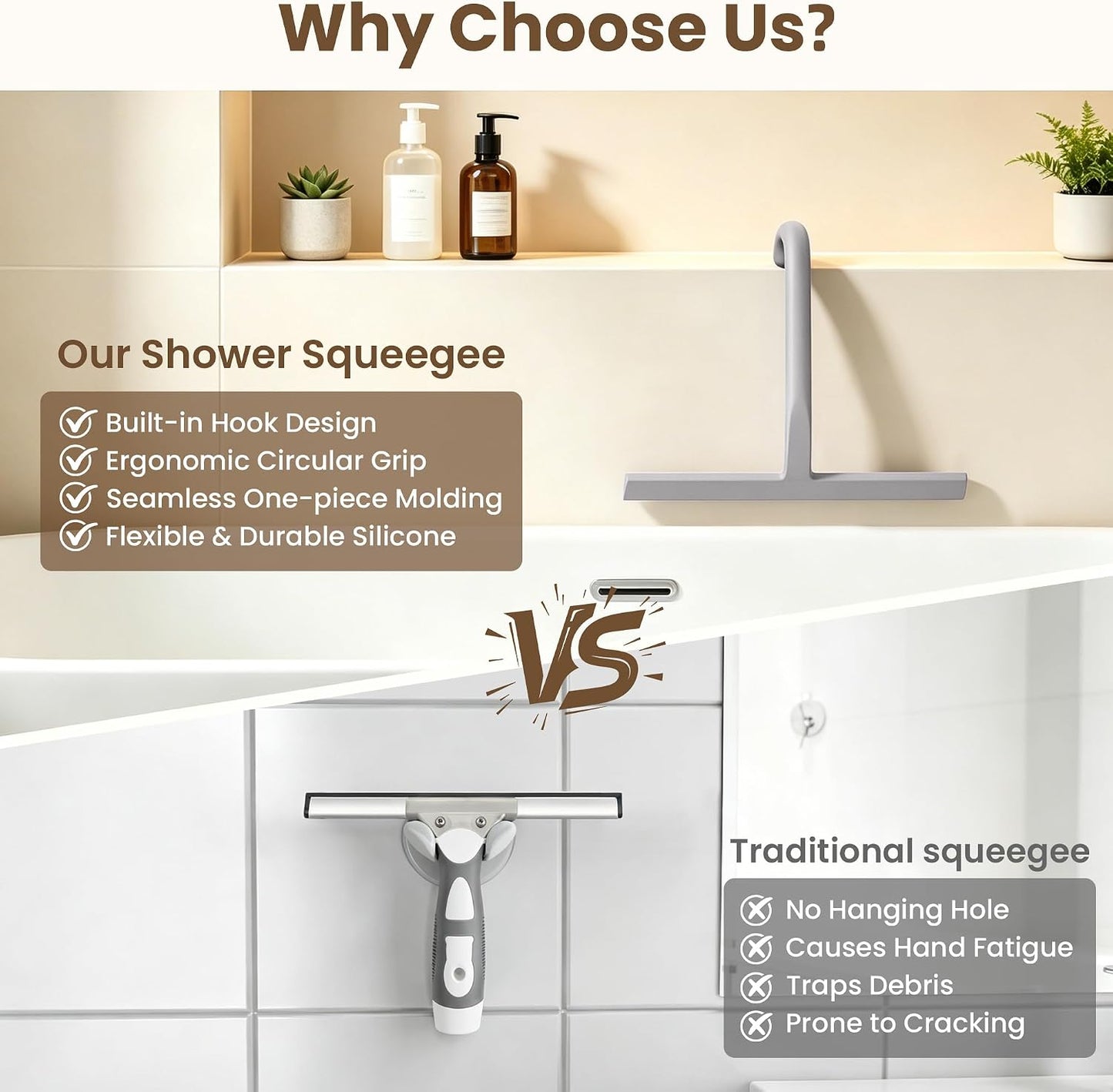 Shower Squeegee for Glass Doors - 10 Inch Bathroom Squeegee with Ergonomic Round Grip, Built-in Hook, Streak-Free No-Squeak Silicone Blade for Shower Glass, Tile Walls, Mirrors & Windows, Black