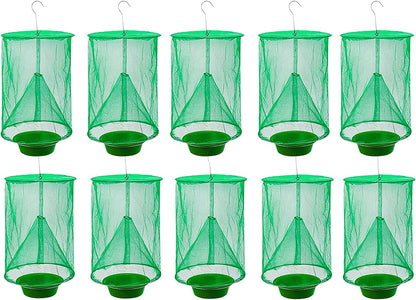 Ranch Fly Trap Outdoor Hanging Reusable with Fishing Apparatus | Food Bait Tray Catcher Cage for Indoor or Outdoor Family Farms, Park (4 Pack)