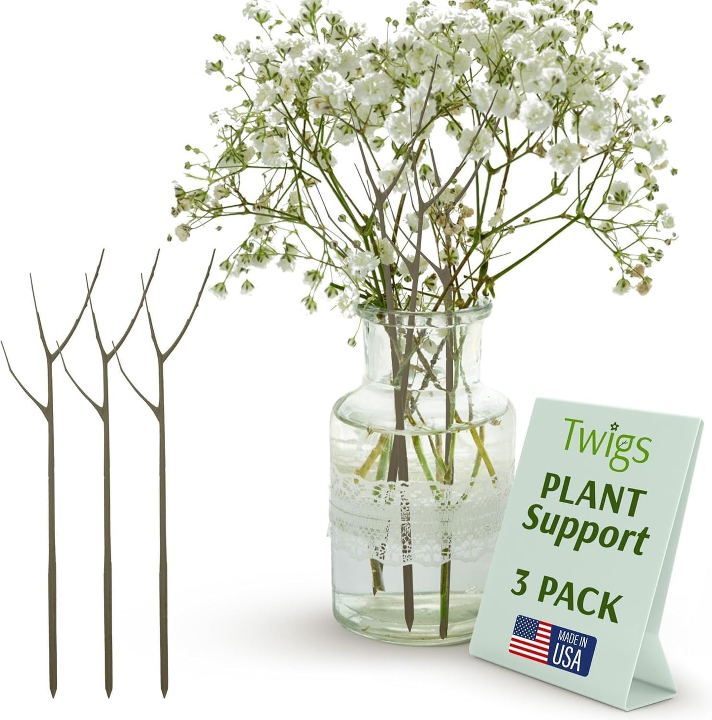 Twigs GA Original Plant Support Stakes, Moonstone, 3-Pack, 22" L | Made in USA, UV-Protected Poles, Natural-Looking Stem Support Stakes, Stick Structures for Flower Plants & Vases up to 3ft