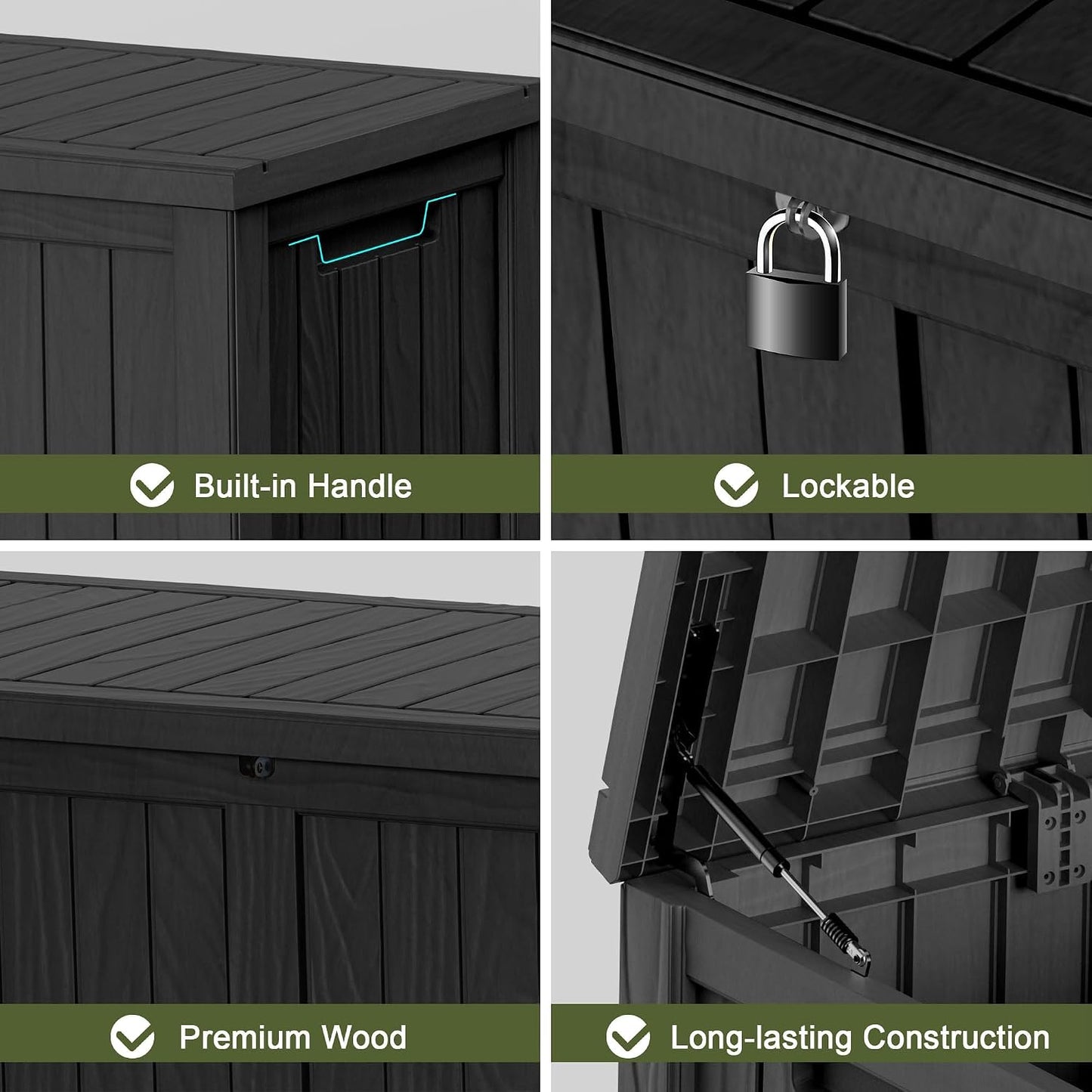 Outdoor Waterproof Resin Storage Deck Box Lockable Outside Bench UV Resistant Bin Patio Porch Furniture Pool Float Garden Tool Cushion (Black, 85 Gallon)