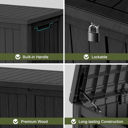 Outdoor Waterproof Resin Storage Deck Box Lockable Outside Bench UV Resistant Bin Patio Porch Furniture Pool Float Garden Tool Cushion (Black, 85 Gallon)