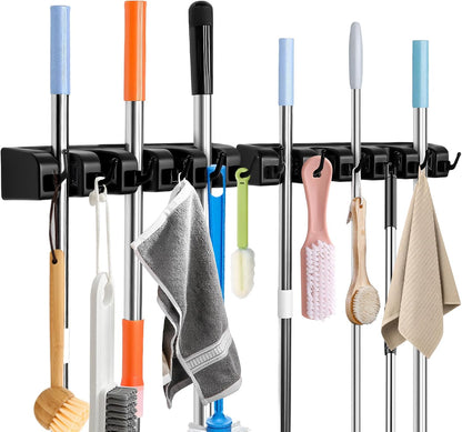 InPoTo Broom and Mop Holder, Wall Mounted Organizer Mop and Broom Storage Tool Rack with 5 Ball Slots and 6 Hooks (1Pack)