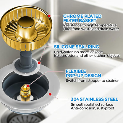 Sink Drain Strainer - Sink Stopper Kitchen Drain, 3 in 1 Kitchen Sink Drain Strainer with Anti-Clogging Basket, Kitchen Gadgets Clearance Sink Accessories, Fit US Standard 3-1/2'' Sink Hole, Silver