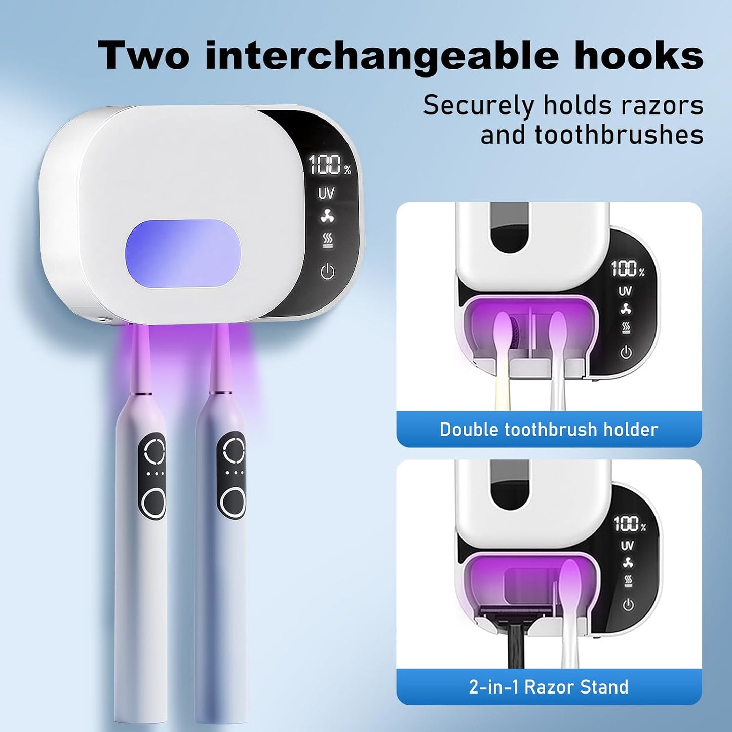 Upgraded Toothbrush Cleaner Holder Wall Mounted, Razor Electric Toothbrush Holder for Bathroom, LED Smart Screen, with Auto-Inductive Cover, Air Drying and 60-Degree Drying, for Home, Travel
