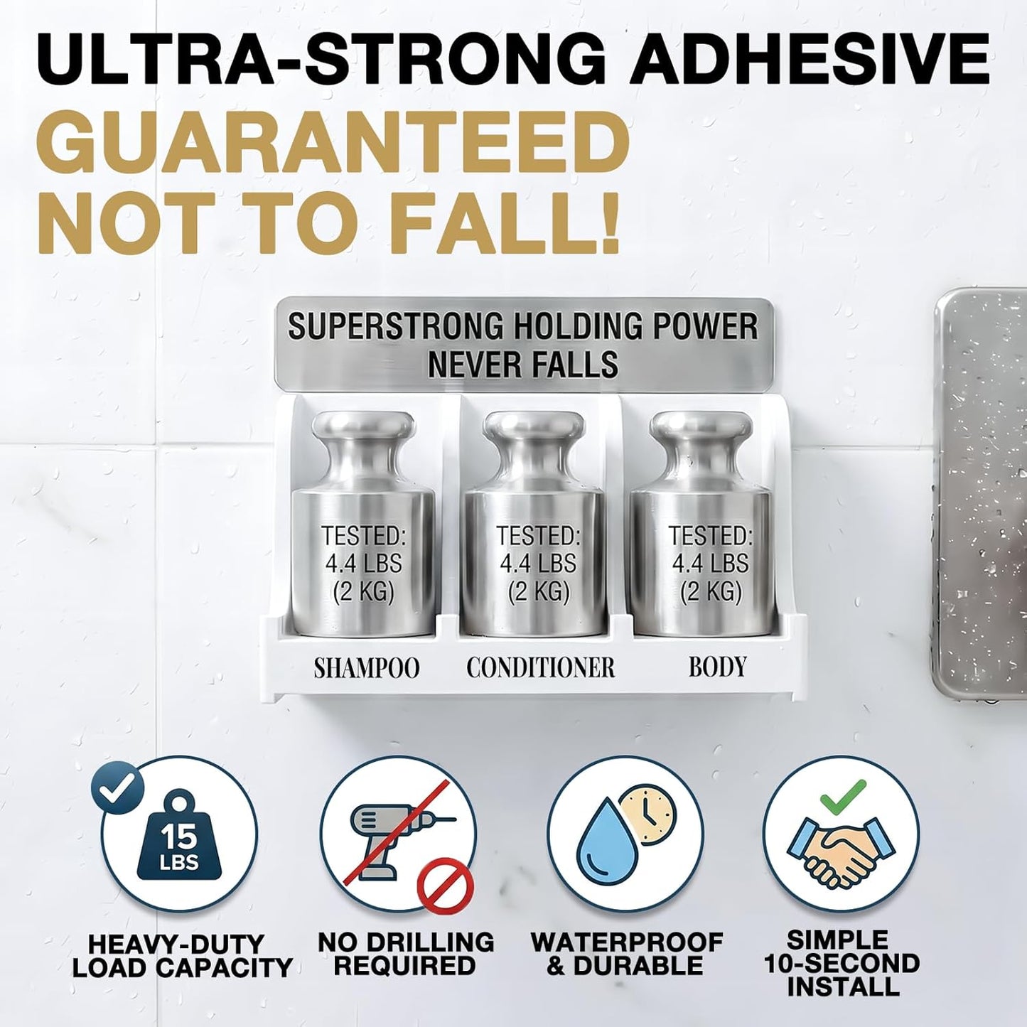 Soap Holder for Shower Wall, 3-Compartment Soap Dish for Shampoo, Conditioner and Body Soap, Fast Draining & Rust-Proof & Heavy Duty, Ultra-Strong Adhesive for Long-Term Bathroom Use & Freestanding