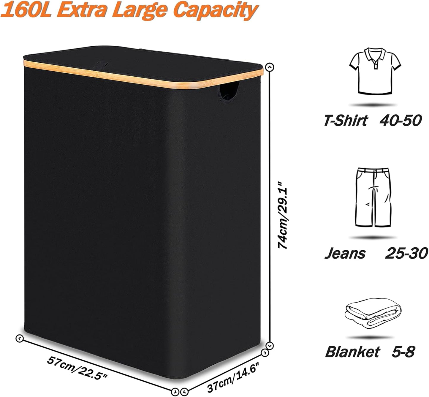 efluky Laundry Hamper with Lid, Trio Laundry Basket with 2 Removable Bags, 3 Section Laundry Bin with Bamboo Handles for Bathroom, Bedroom & Laundry Room, 160L (42.3 Gallon) Beige
