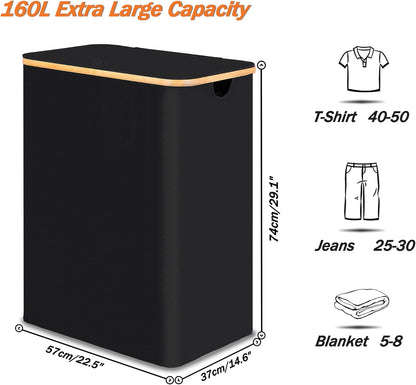 efluky Laundry Hamper with Lid, Trio Laundry Basket with 2 Removable Bags, 3 Section Laundry Bin with Bamboo Handles for Bathroom, Bedroom & Laundry Room, 160L (42.3 Gallon) Beige
