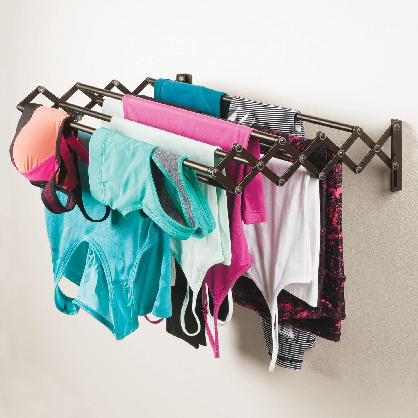 mDesign Steel Wall Mount Accordion Expandable Retractable Clothes Air Drying Rack - 8 Bars for Hanging Garments - Mounted Organizer for Laundry/Utility Room, Bathroom, Garage, Bardo Collection, Black