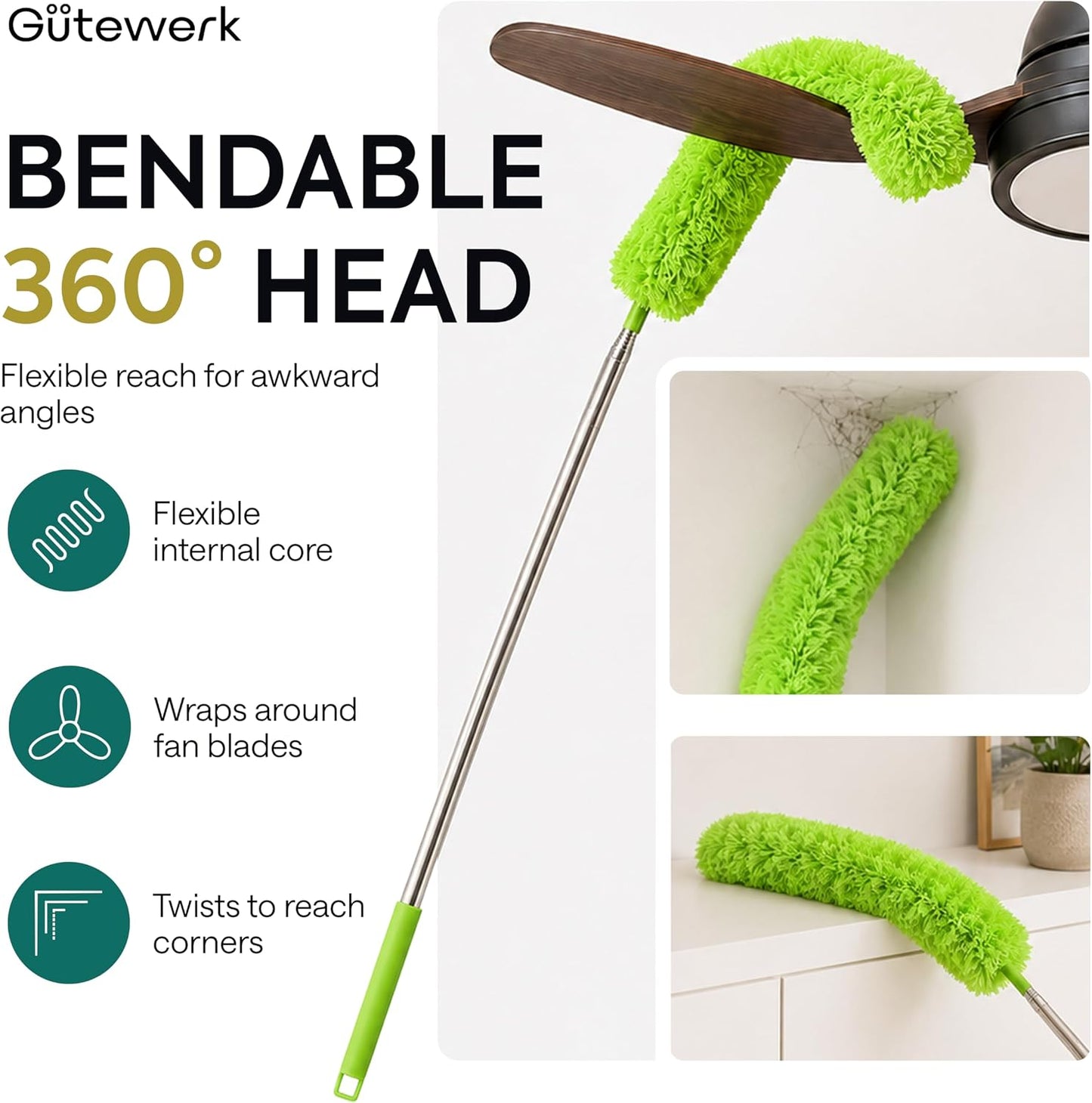 Gütewerk Extendable Microfiber Duster, 55 Inch - Feather Dusters for Cleaning Ceiling Fans, Blinds, Baseboards & High Ceilings - Washable, Electrostatic, 360° Bendable Head, Stainless Steel Pole