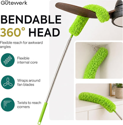 Gütewerk Extendable Microfiber Duster, 55 Inch - Feather Dusters for Cleaning Ceiling Fans, Blinds, Baseboards & High Ceilings - Washable, Electrostatic, 360° Bendable Head, Stainless Steel Pole