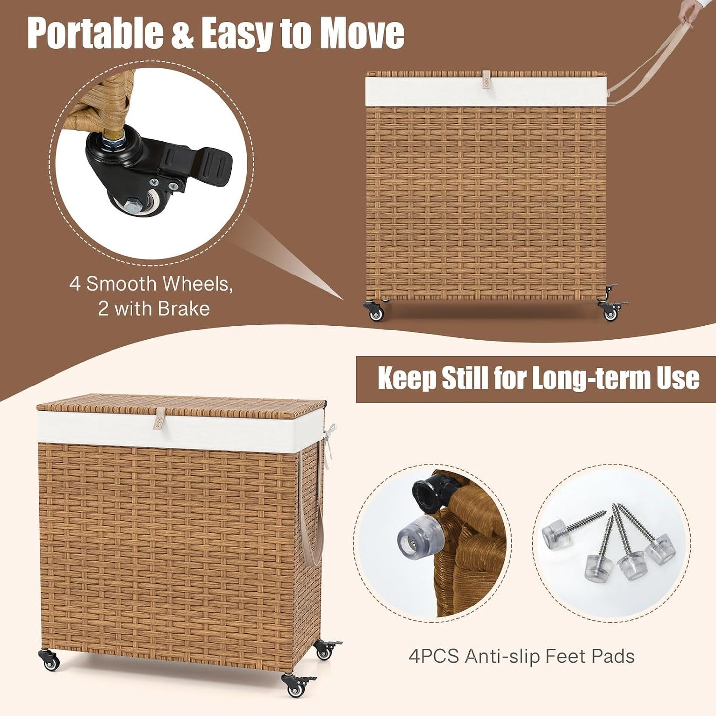 GOFLAME Laundry Hamper with Lid and Wheels, 125L Hand Woven Rattan Laundry Basket with 3 Divided Sections, Handles, 2 Removable and Washable Liner Bags, Dirty Clothes Hamper for Bedroom (Natural)
