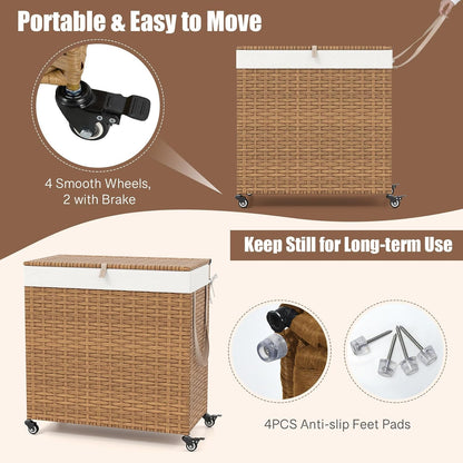 GOFLAME Laundry Hamper with Lid and Wheels, 125L Hand Woven Rattan Laundry Basket with 3 Divided Sections, Handles, 2 Removable and Washable Liner Bags, Dirty Clothes Hamper for Bedroom (Natural)