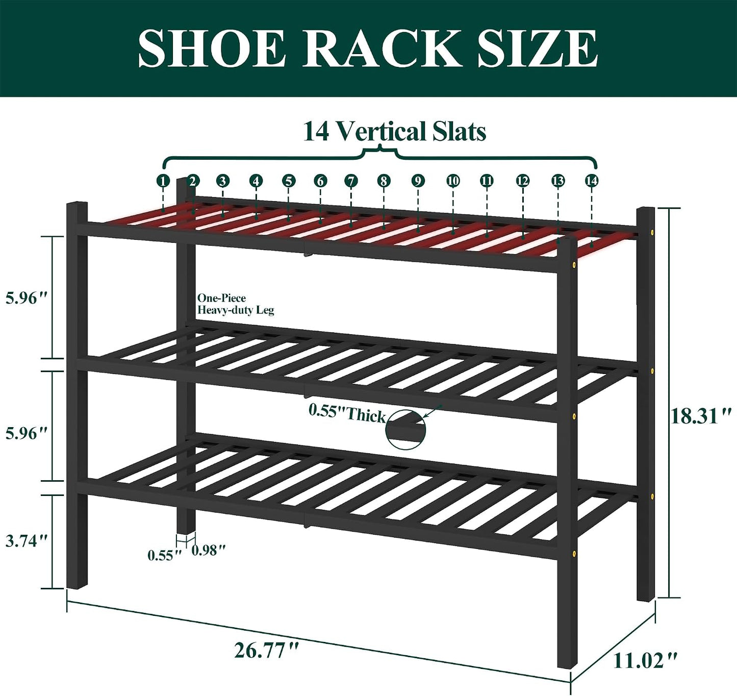 Smiry Bamboo Shoe Rack for Closet, 3 Tier Wooden Shoe Organizer, Stackable Wood Shoe Storage Shelf for Entryway, 14 Vertical Slats, One-piece Heavy-Duty Legs, 26.77"x11.02"x18.31", Natural