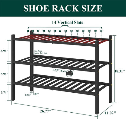 Smiry Bamboo Shoe Rack for Closet, 3 Tier Wooden Shoe Organizer, Stackable Wood Shoe Storage Shelf for Entryway, 14 Vertical Slats, One-piece Heavy-Duty Legs, 26.77"x11.02"x18.31", Natural