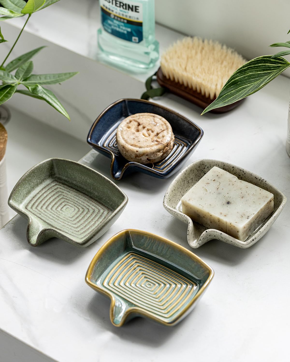 Self Draining Soap Dish, Ceramic Drain Soap Holder Waterfall Design Soap Saver for Shower, Bathroom, Sink, Kitchen and Countertop, Keeps Dry, Green