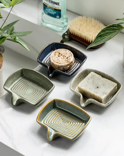Self Draining Soap Dish, Ceramic Drain Soap Holder Waterfall Design Soap Saver for Shower, Bathroom, Sink, Kitchen and Countertop, Keeps Dry, Green