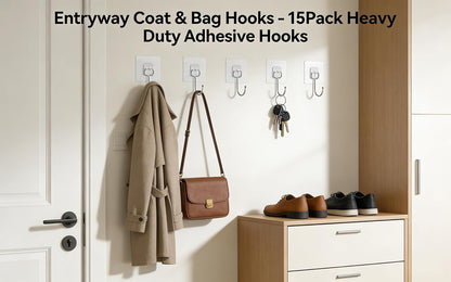 15-Pack Large Adhesive Hooks Heavy Duty 33 lbs - Transparent Waterproof Wall Hooks for Towels & Robes, No Damage