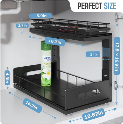 Under Sink Organizer Upgrade To Professional Rails,2-Tier Dual Pull Out Cabinet Storage,Height Adjustable Slide Out Drawers For Bathroom Kitchen,2 Pack-14.5" Dx12.8-16.9" H,White