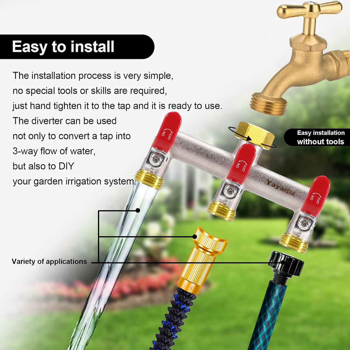 Garden Hose Splitter, 3/4” Rust and Freeze Resistant Outdoor Hose Manifold with 2 green Extra Long Handles Faucet Adapter-Heavy Duty Brass Nickel Plated 2-Way Valve