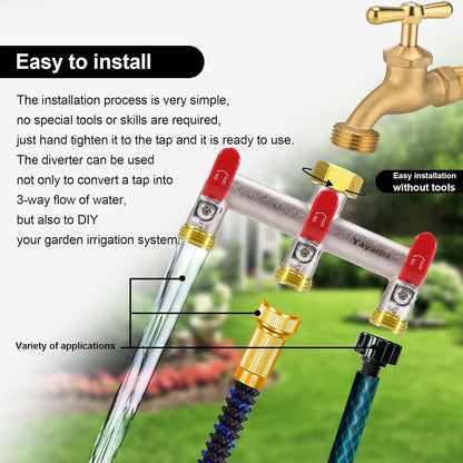 Garden Hose Splitter, 3/4” Rust and Freeze Resistant Outdoor Hose Manifold with 2 green Extra Long Handles Faucet Adapter-Heavy Duty Brass Nickel Plated 2-Way Valve