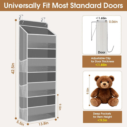 WISELIFE Over The Door Organizer Storage with 4 Large Pockets Door Hanging Organizer with Clear Windows behind The Door Storage for Nursery Bedroom Bathroom Pantry Closet and Baby Essentials Dark Grey