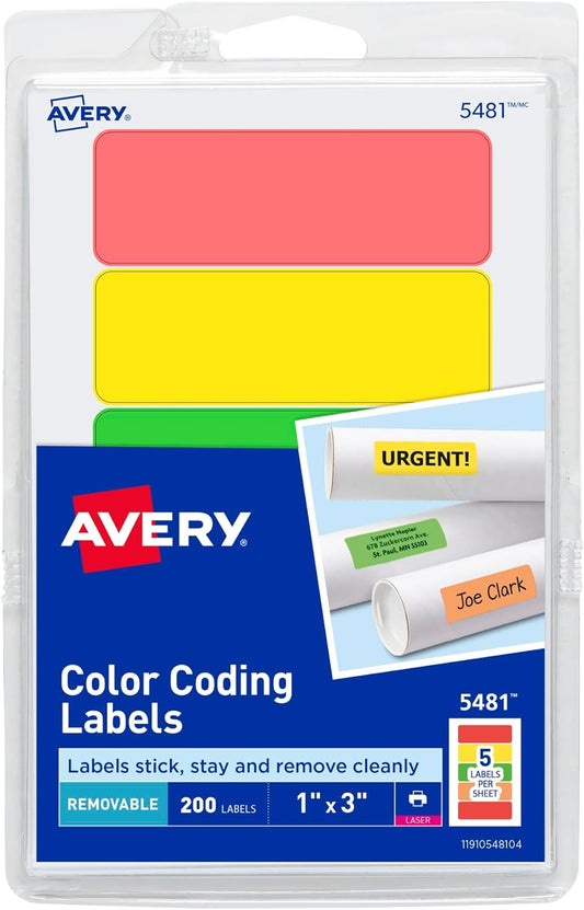 Avery Removable Print or Write Color Coding Labels, 1 x 3 Inches, 200 Labels (5481)