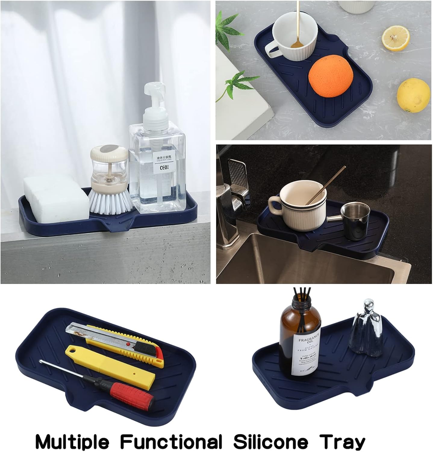 MicoYang Silicone Bathroom Soap Dishes with Drain Spout-Bathroom and Kitchen Sink Organizer,Sponge Holder,Dish Soap Tray,Perfect for Dispenser,Scrubber,Bottle,Cup on Sink or Counter-Coffee 4.9"×3.2"