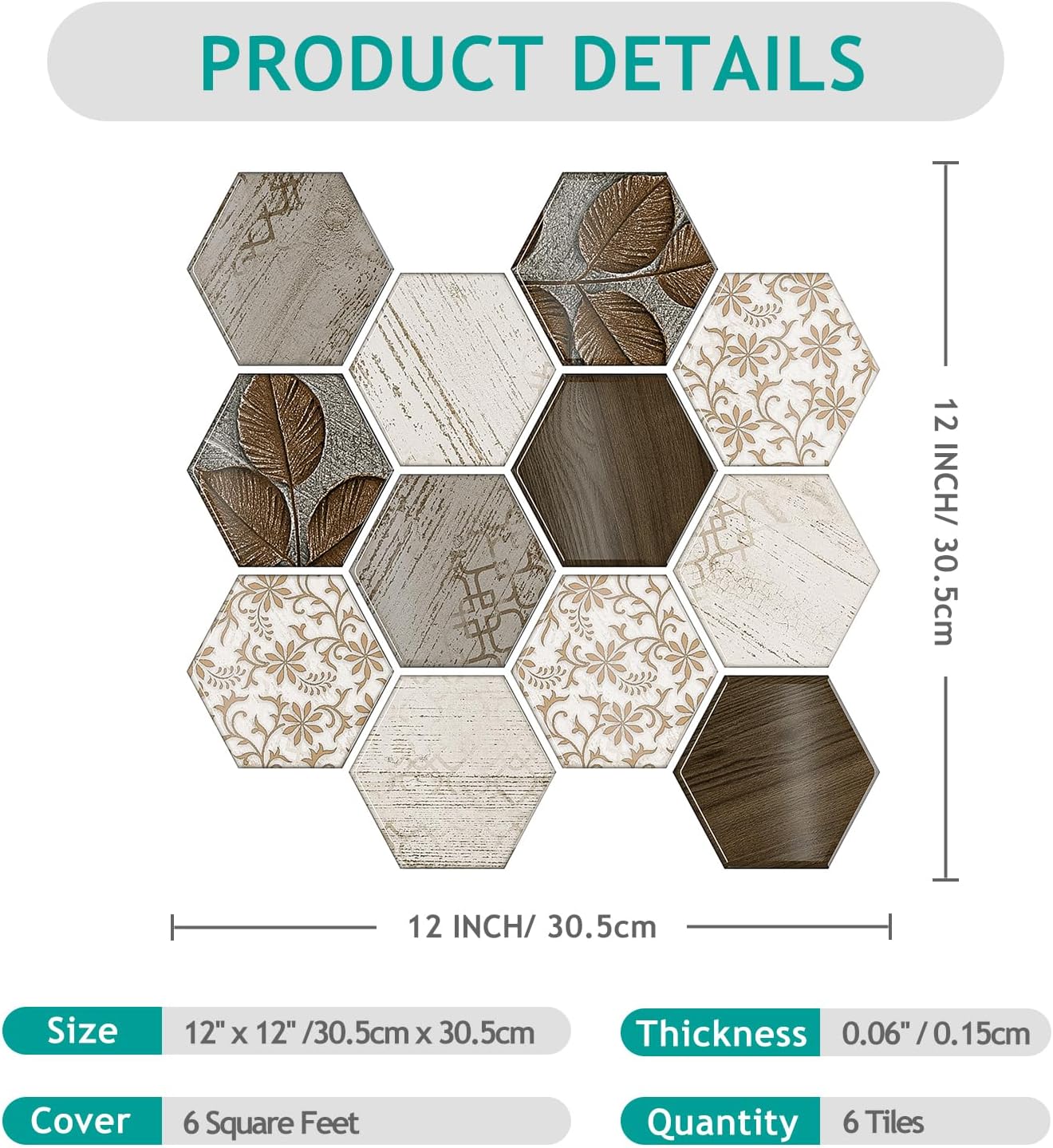 VEELIKE Boho Hexagon Peel and Stick Backsplash Tile Decals 6-Sheets Adhesive Waterproof Stick on Backsplash for Kitchen Bathroom 12''x12'' Temporary Wall Tile Stickers for Renters Laundry Fireplace