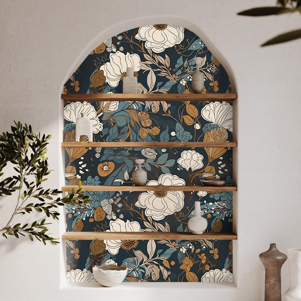 Floral Peel & Stick Wallpaper - Boho Removable Wallpaper for Bedroom & Bathroom - Black/Sand/Oliva - Easy Peel Off - Vintage - Renter Friendly - 118.1" X 17.7"