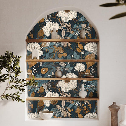 Floral Peel & Stick Wallpaper - Boho Removable Wallpaper for Bedroom & Bathroom - Black/Sand/Oliva - Easy Peel Off - Vintage - Renter Friendly - 118.1" X 17.7"