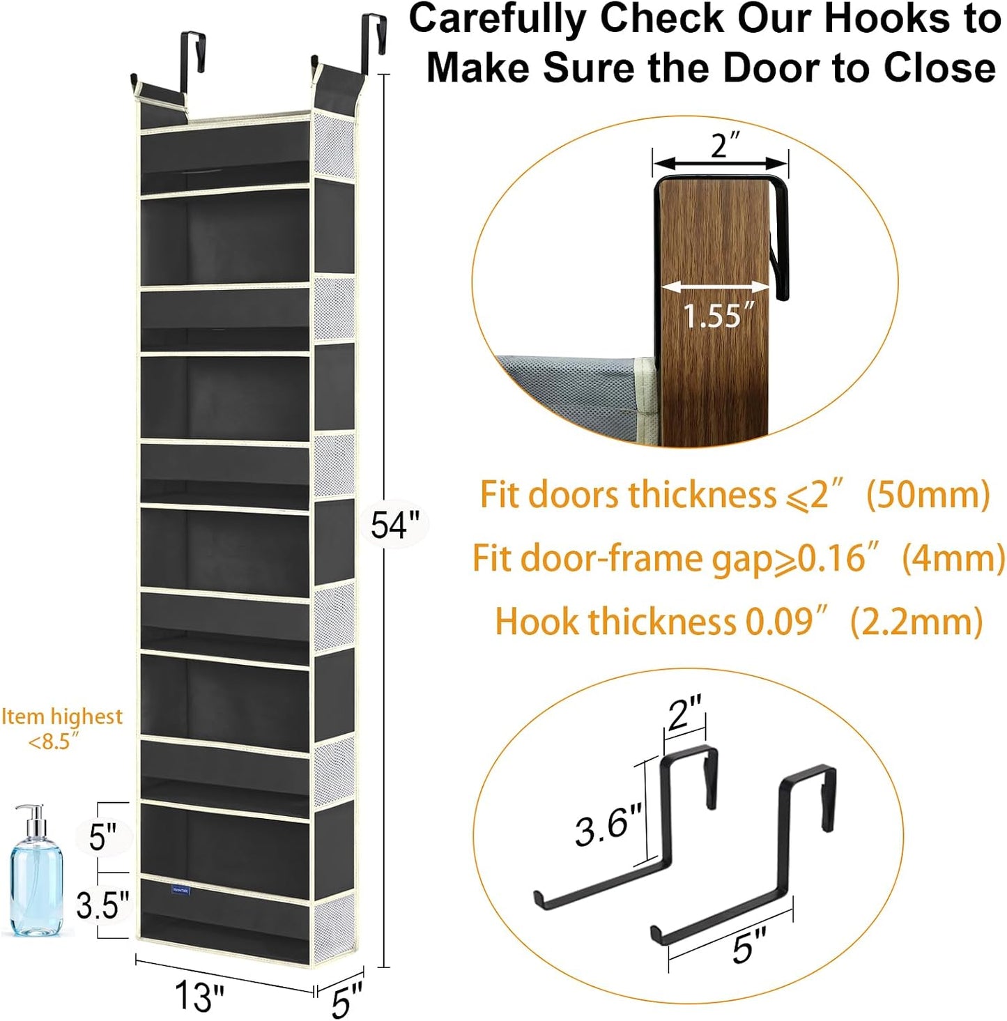 Over The Door Organizer 5-Shelves and 10 Side Pockets, Over The Door Storage for Bathroom Bedroom Nursery, Hanging Door Organizer for Baby Diapers and Kids Toys (13"x5"x44", Grey)