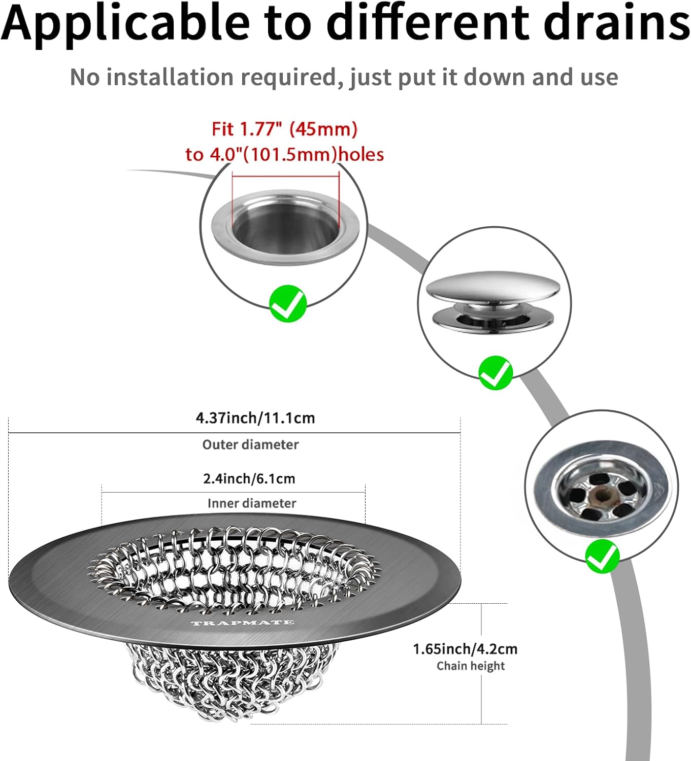 TRAPMATE Shower Drain Hair Catcher, 4.4" Easy Clean Bathtub Drain Hair Catcher, Anti-Slip Bath Tub Drain Protector, Upgraded 304 Stainless Steel Shower Sink Drain Cover for Bathroom (Patented Product)