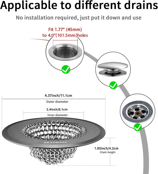 TRAPMATE Shower Drain Hair Catcher, 4.4" Easy Clean Bathtub Drain Hair Catcher, Anti-Slip Bath Tub Drain Protector, Upgraded 304 Stainless Steel Shower Sink Drain Cover for Bathroom (Patented Product)