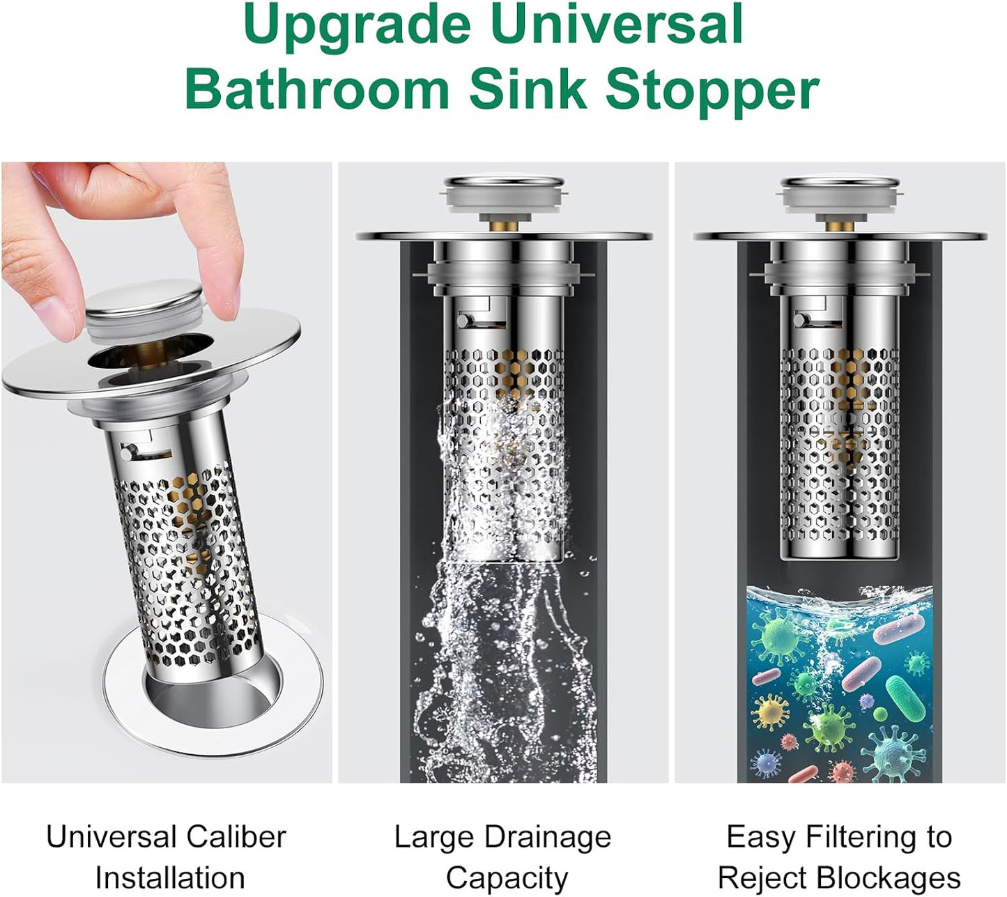 Bathroom Sink Drain Strainer,Universal Pop-Up Sink Stopper Hair Catcher, Anti-Clog Stainless Steel Drain Filter Basket, Removable Sink Drain for Bathroom Sink Stopper (Ysilver-2（with Buckle）)