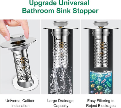 Bathroom Sink Drain Strainer,Universal Pop-Up Sink Stopper Hair Catcher, Anti-Clog Stainless Steel Drain Filter Basket, Removable Sink Drain for Bathroom Sink Stopper (Ysilver-2（with Buckle）)